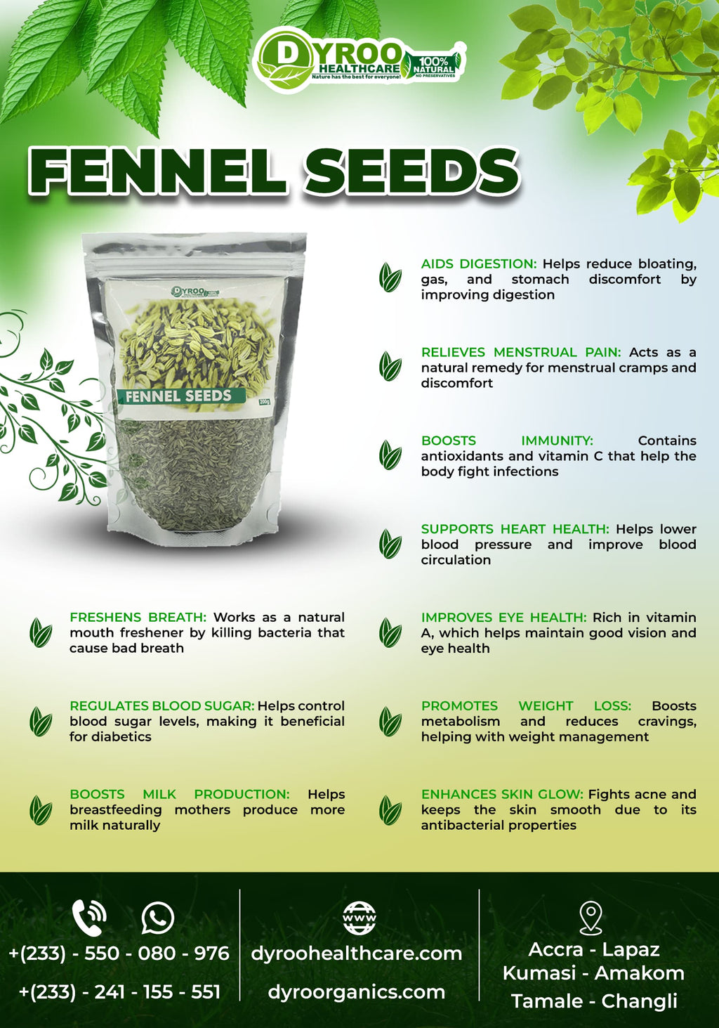 Organic Dyroo Naturals fennel powder in a 200g package, showing fresh fennel seeds and highlighting their health benefits.