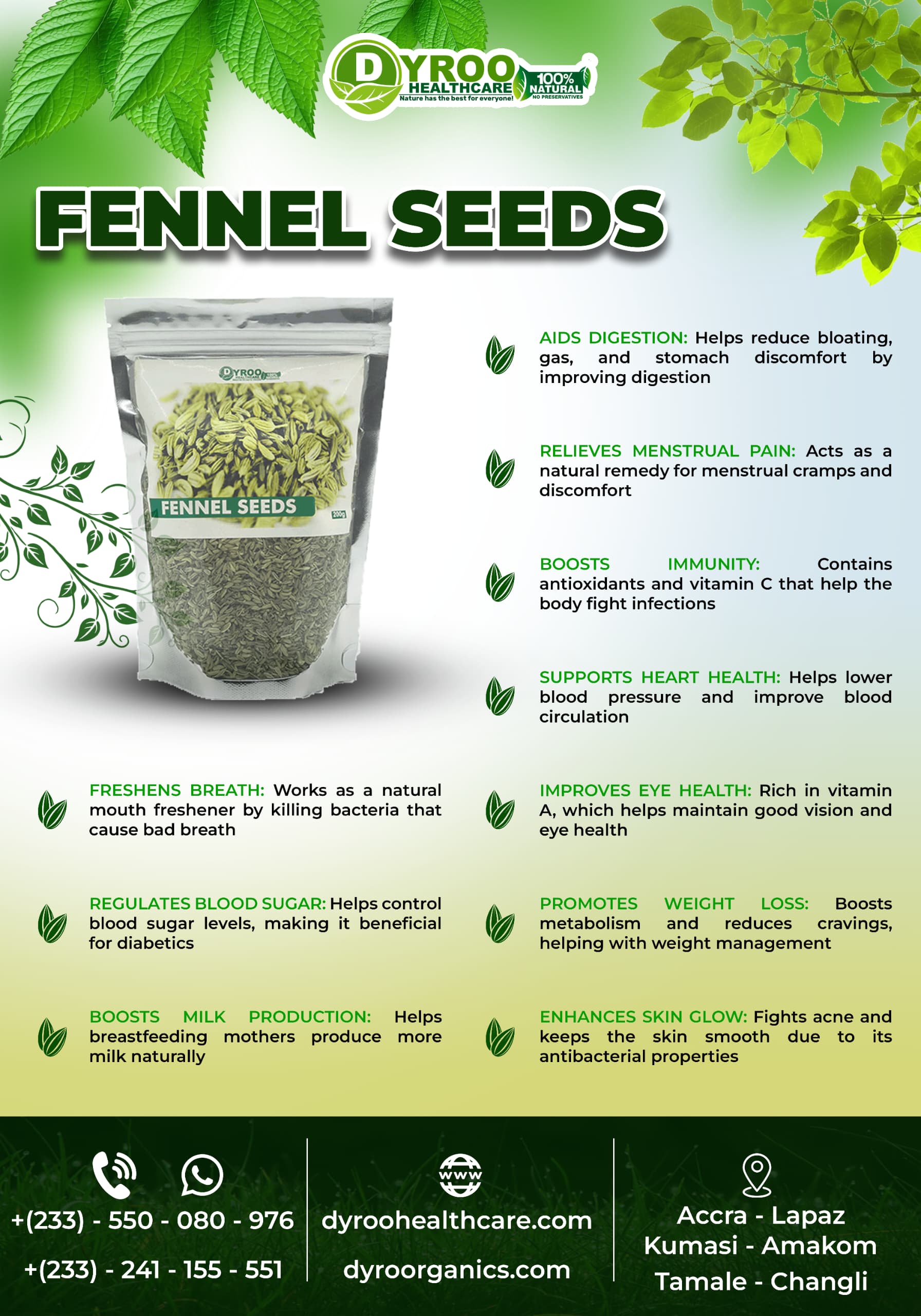 Organic Dyroo Naturals fennel powder in a 200g package, showing fresh fennel seeds and highlighting their health benefits.