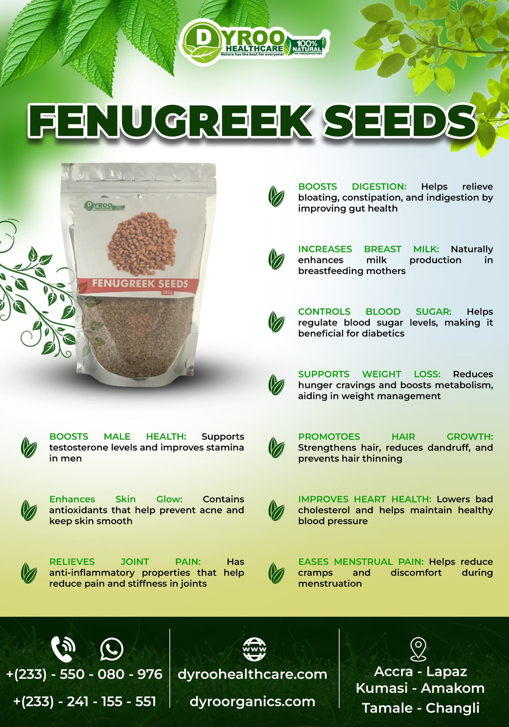 Organic Dyroo Naturals Hemani fenugreek seeds powder in a bowl, highlighting its golden color and granular texture for health benefits.