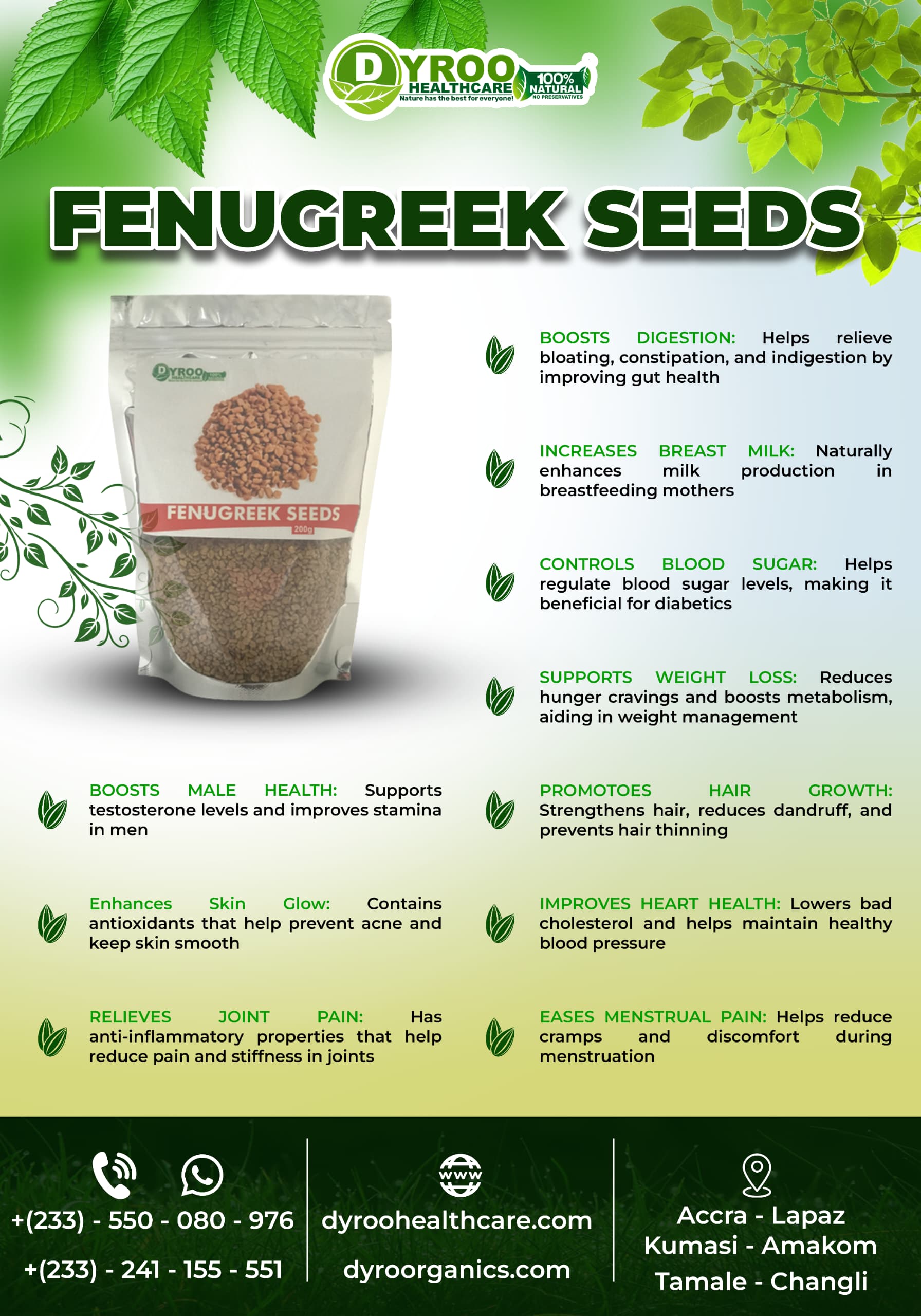 Organic Dyroo Naturals Hemani fenugreek seeds powder in a bowl, highlighting its golden color and granular texture for health benefits.