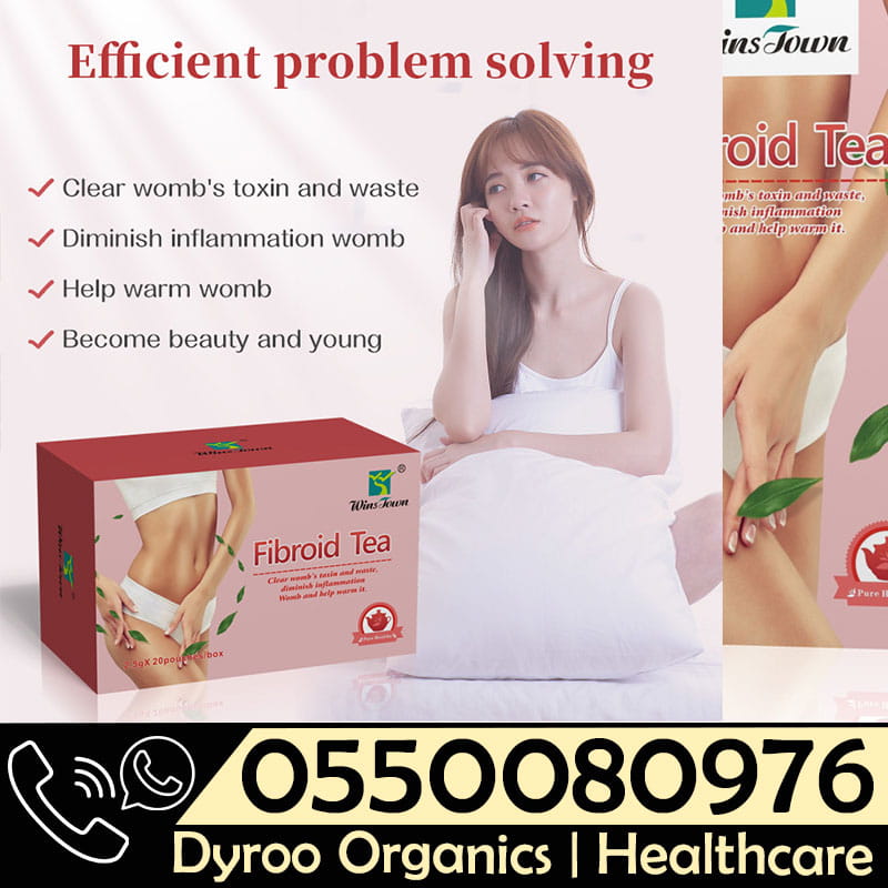 Wins Town Fibroid Tea by Dyroo Naturals, a natural herbal tea blend displayed in a clear glass cup with dried herbs.
