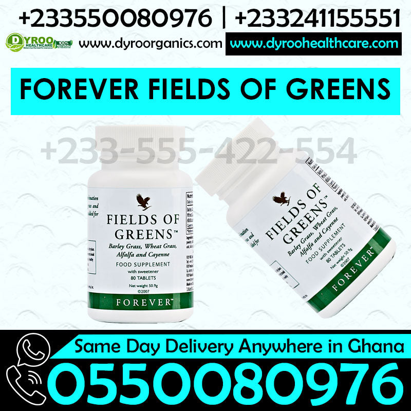 Dyroo Naturals Forever Fields of Greens 80 tablets showing a bottle of green vegetable supplement tablets.