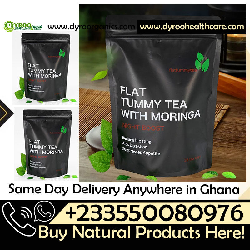 A cup of Dyroo Naturals Flat Tummy Tea with Moringa, featuring herbal tea with fresh Moringa leaves and a calming setting.