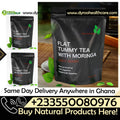 A cup of Dyroo Naturals Flat Tummy Tea with Moringa, featuring herbal tea with fresh Moringa leaves and a calming setting.