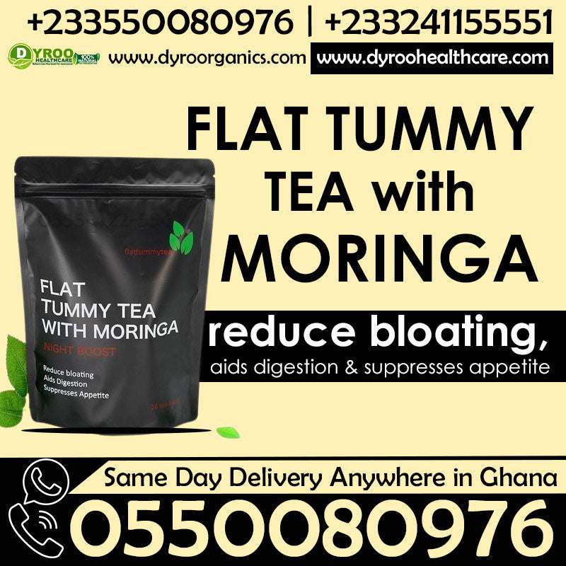 Organic flat tummy tea with Moringa by Dyroo Naturals, featuring tea bags and fresh Moringa leaves in a natural setting.