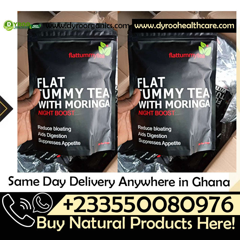 Natural Flat Tummy Tea with Moringa by Dyroo Naturals, featuring herbal blend in a tea infuser on a wooden table.