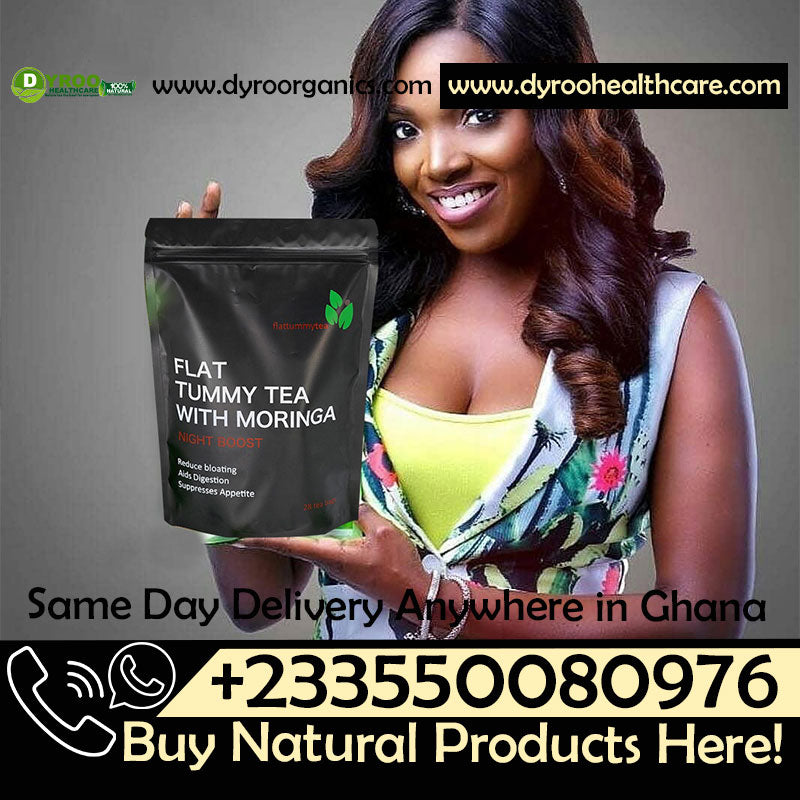 Natural flat tummy tea with Moringa by Dyroo Naturals, featuring a steaming cup of herbal tea on a wooden surface.
