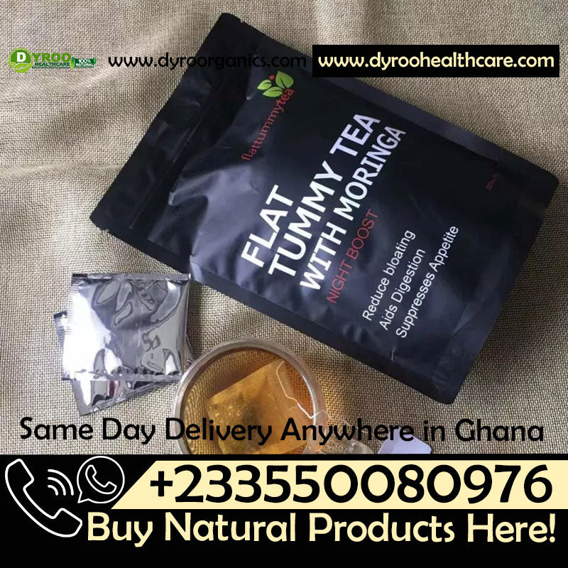 A cup of Dyroo Naturals Flat Tummy Tea with Moringa on a wooden table, highlighting the natural tea blend with fresh Moringa leaves.