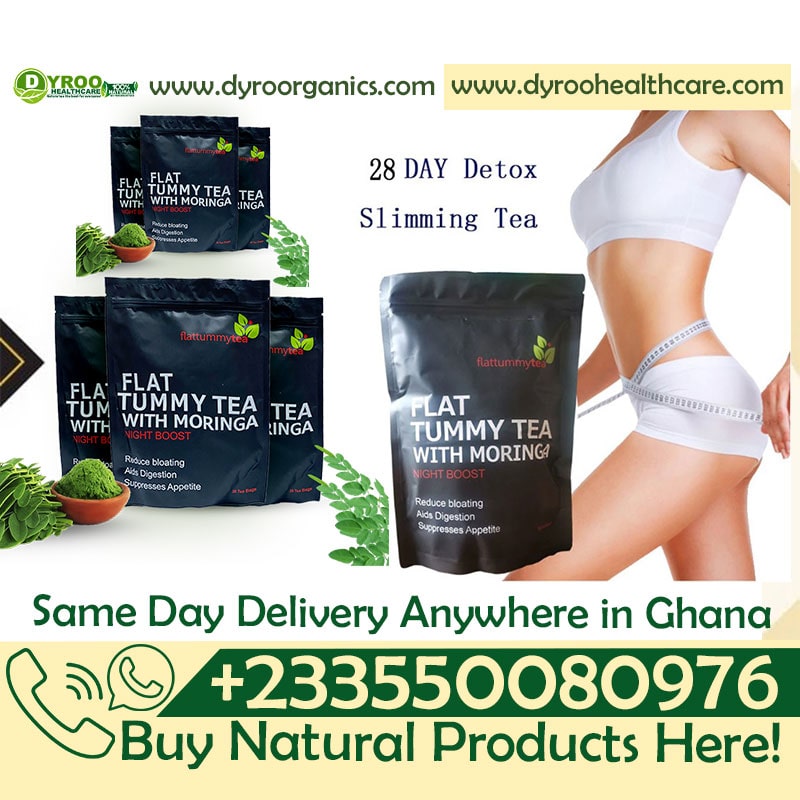 Dyroo Naturals Flat Tummy Tea with Moringa in a clear glass cup, showing fresh tea leaves and Moringa herbs.