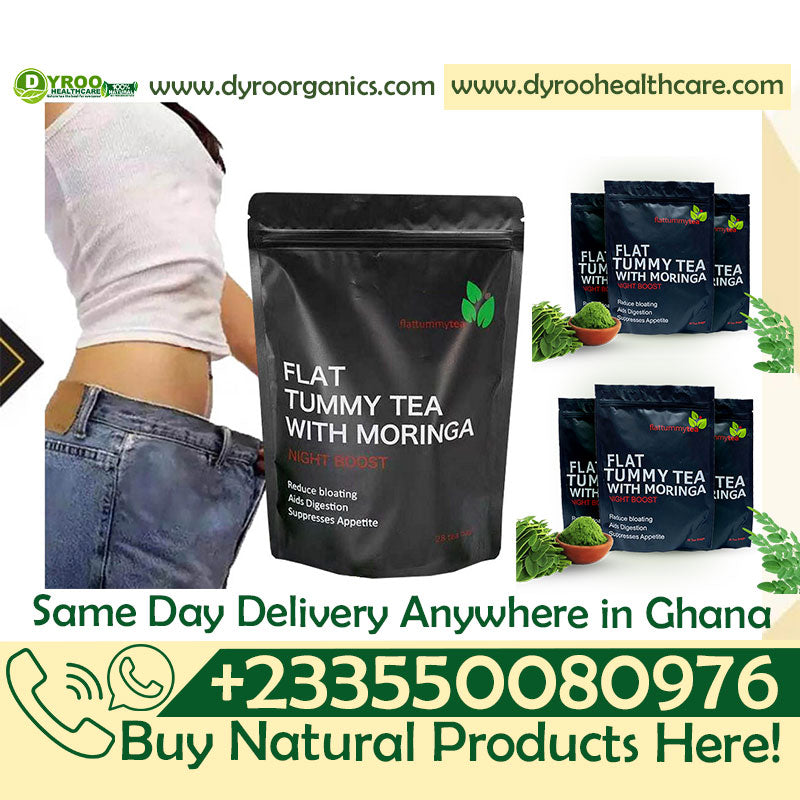 Dyroo Naturals Flat Tummy Tea with Moringa in a clear glass cup, showcasing the herbal tea with fresh moringa leaves.