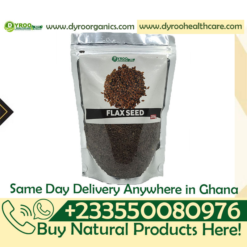 Raw organic flax seeds in a clear glass jar, showing golden-brown flax seeds from Dyroo Naturals.
