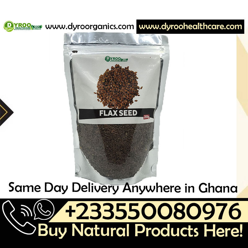 Raw organic flax seeds in a clear glass jar, highlighting Dyroo Naturals brand and 200-gram packaging for healthy eating.