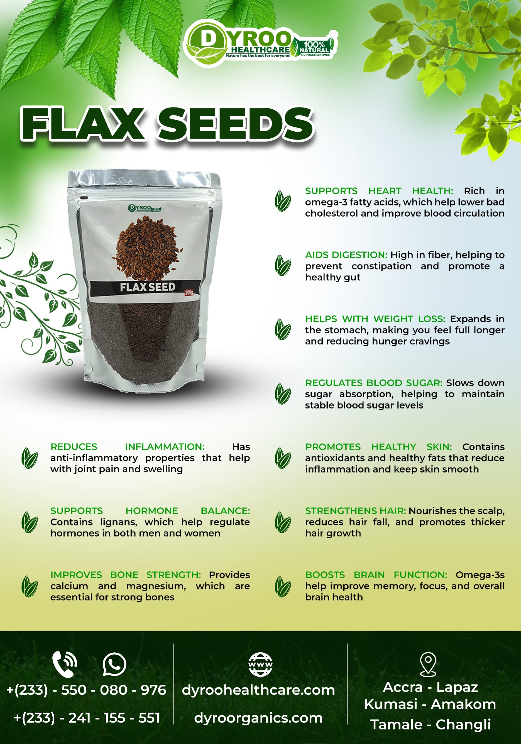 Organic flax seeds from Dyroo Naturals, 200 grams, showcasing raw, golden seeds with health benefits on a neutral background.