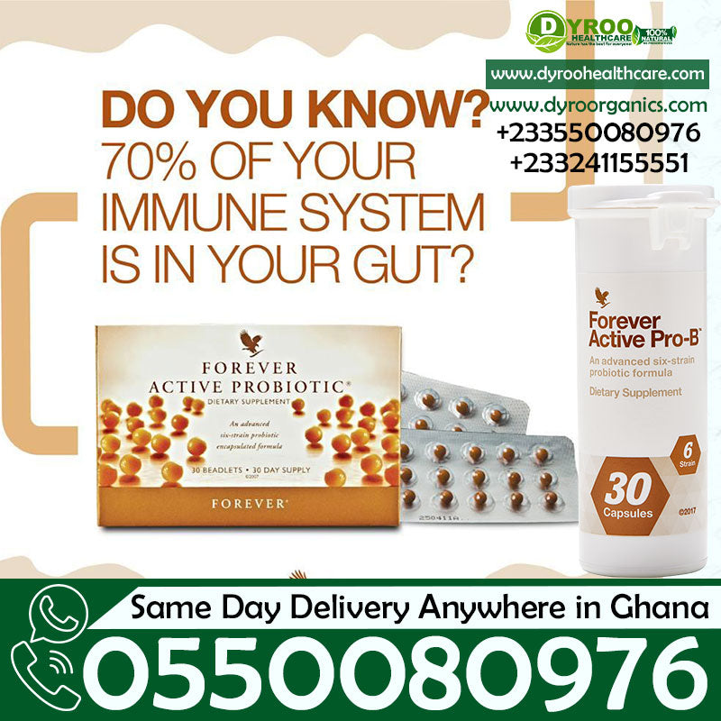 Dyroo Naturals Forever Living Active Pro-B probiotic supplement bottle with capsules, featuring the product label and branding.