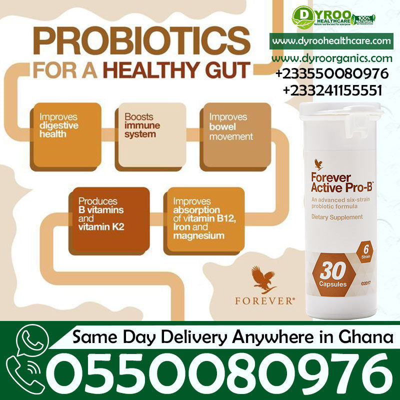 Dyroo Naturals Forever Active Pro-B 30 softgels bottle with colorful label and softgel capsules visible.