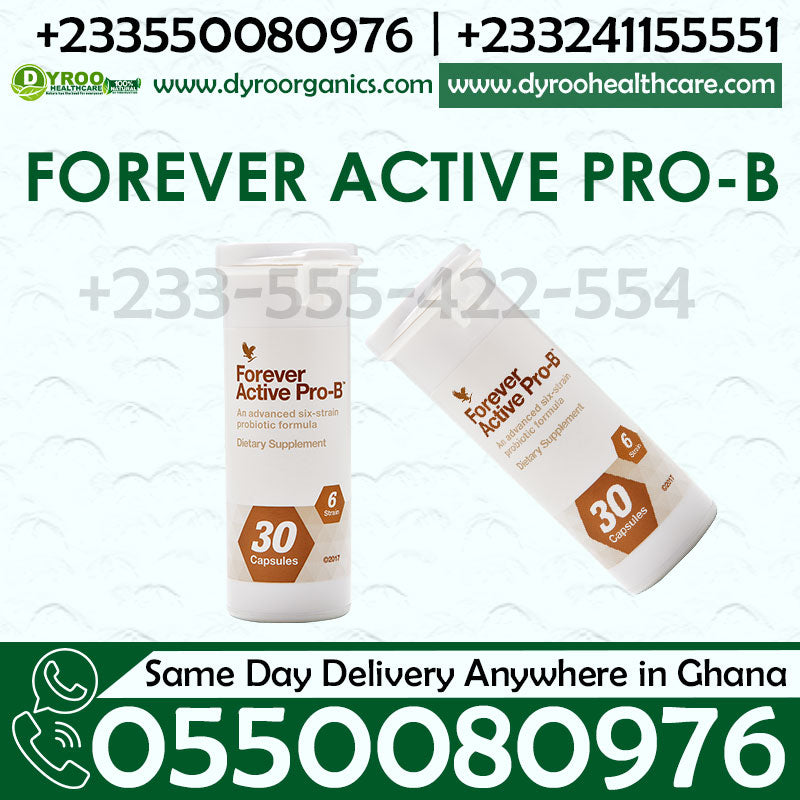 Dyroo Naturals Forever Living Active Pro-B probiotic supplement bottle with white label and green cap, displayed on a plain background.