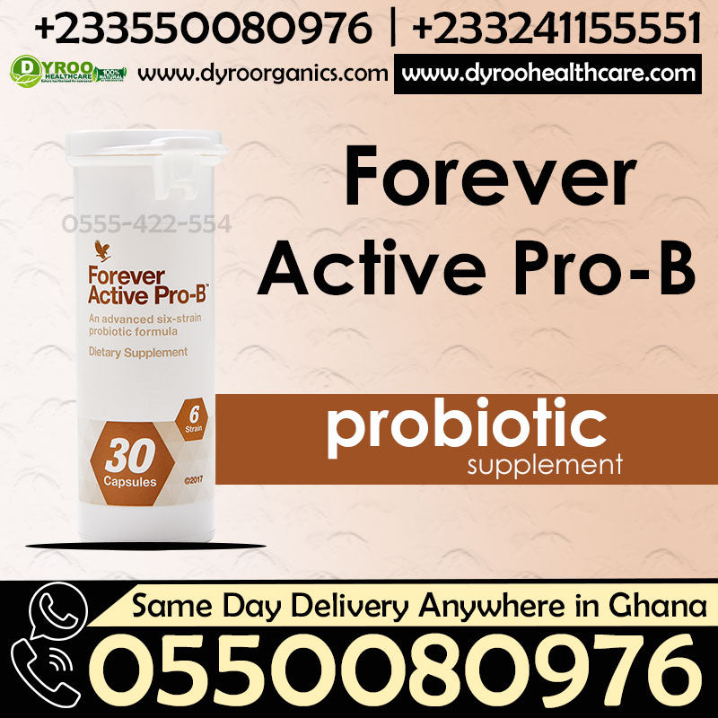 Dyroo Naturals Forever Living Active Pro-B probiotic supplement bottle with capsules on a white background.