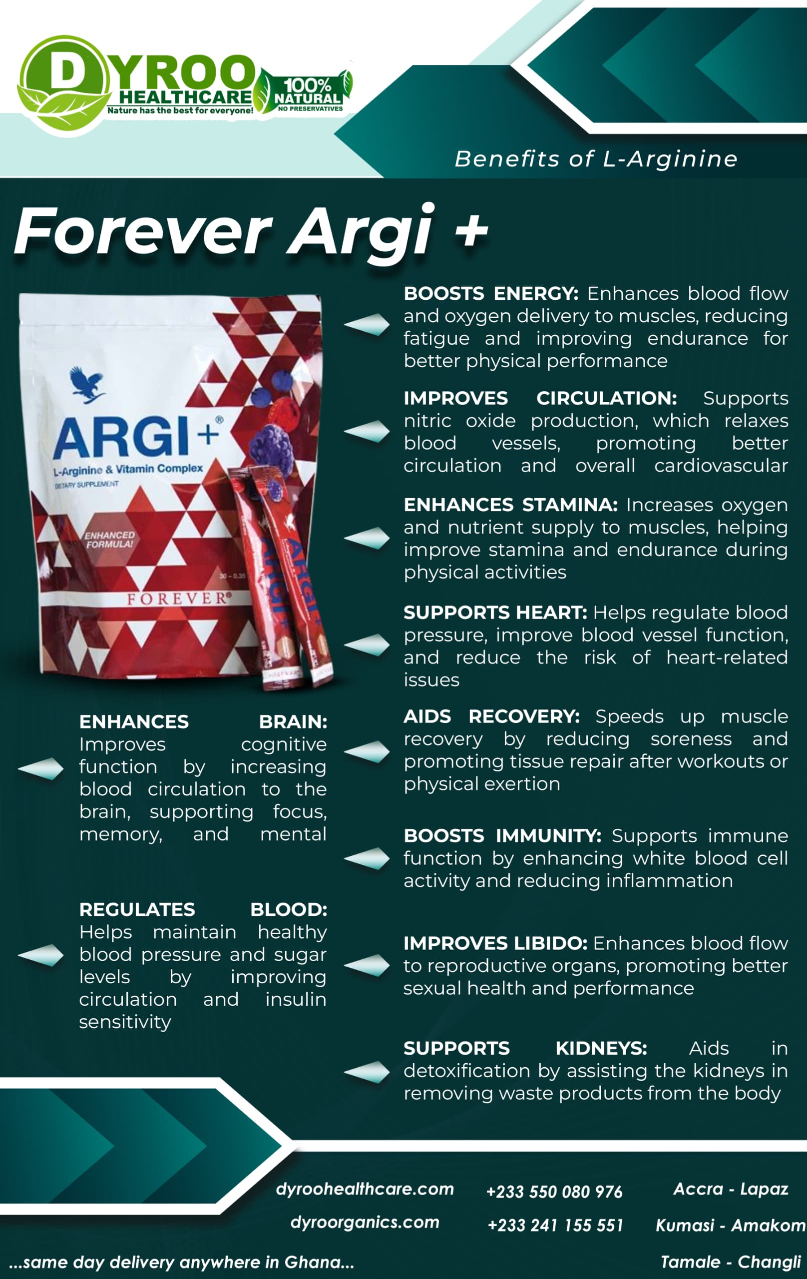 Dyroo Naturals Forever Living Argi+ L-arginine supplement bottle with label and capsules, promoting cardiovascular and energy health.