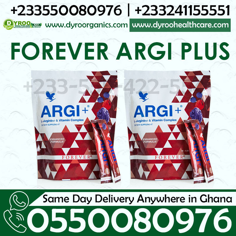 Dyroo Naturals Forever Argi Plus sachets, dietary supplement with natural ingredients, displayed in a box with sachets arranged neatly.