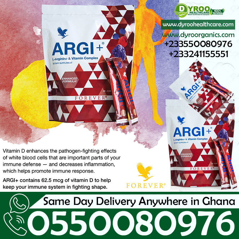 Dyroo Naturals Forever Living Argi+ L-arginine supplement bottle with label and capsules on a white background.