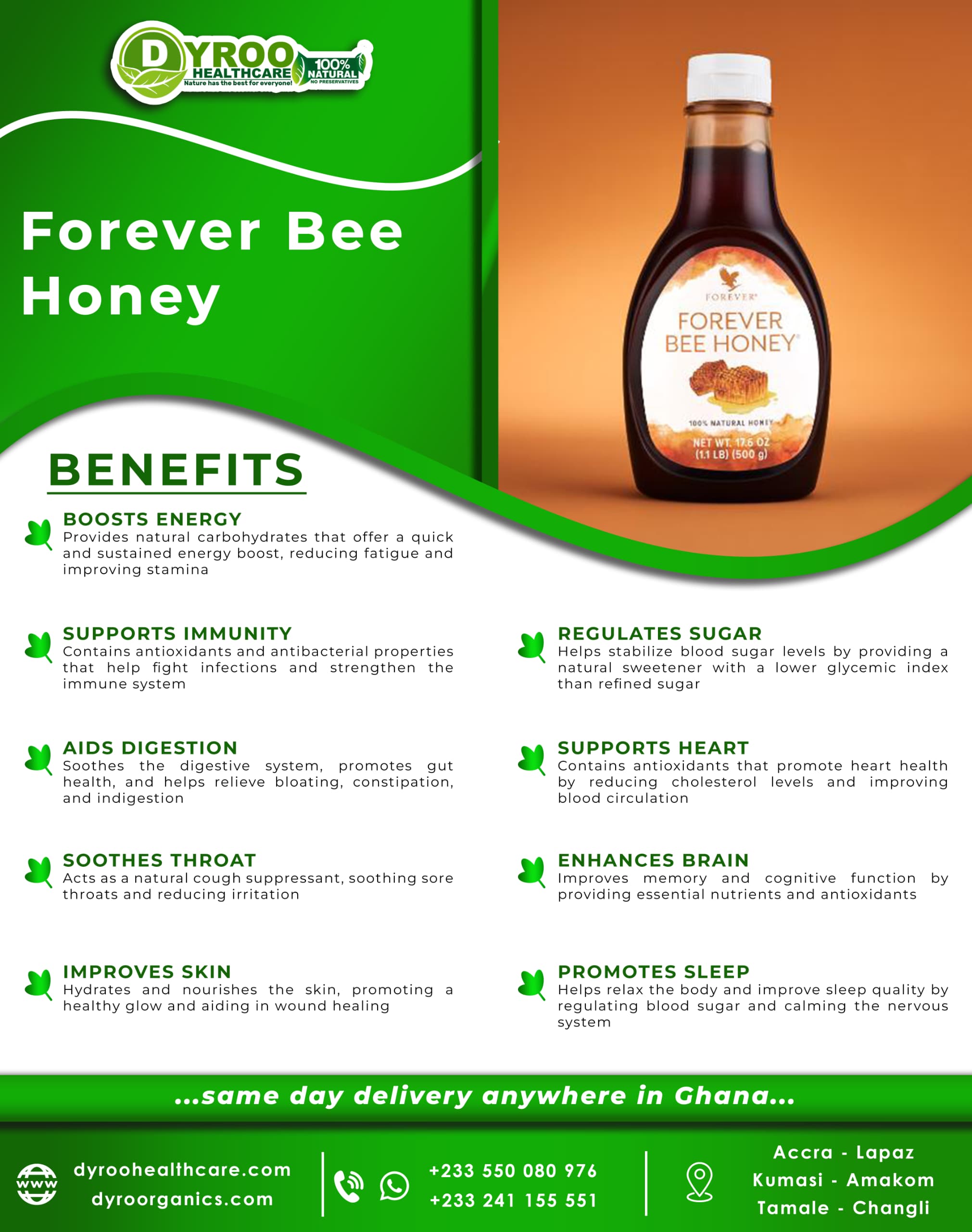 Glass jar of Dyroo Naturals Forever Living Bee Honey syrup with golden amber color and honey dipper.