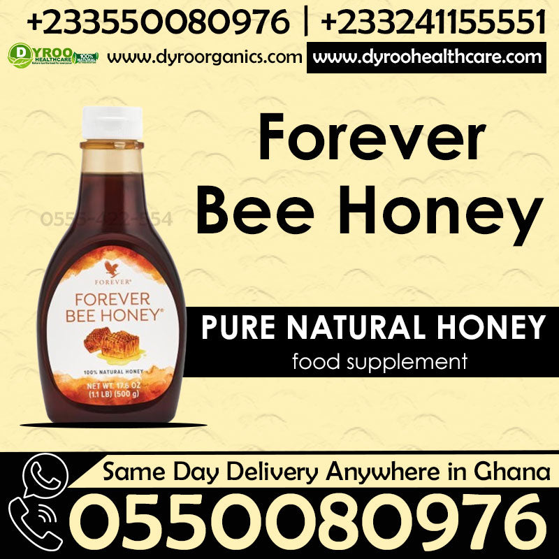 Golden Dyroo Naturals Forever Bee Honey syrup in a clear jar, showcasing rich, amber-colored honey with a smooth texture.