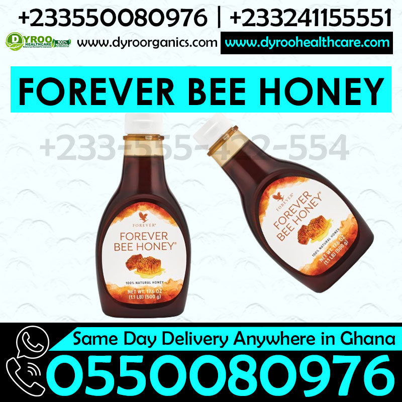 Dyroo Naturals Forever Bee Honey syrup in a jar, showcasing golden, thick honey with a natural, textured appearance.