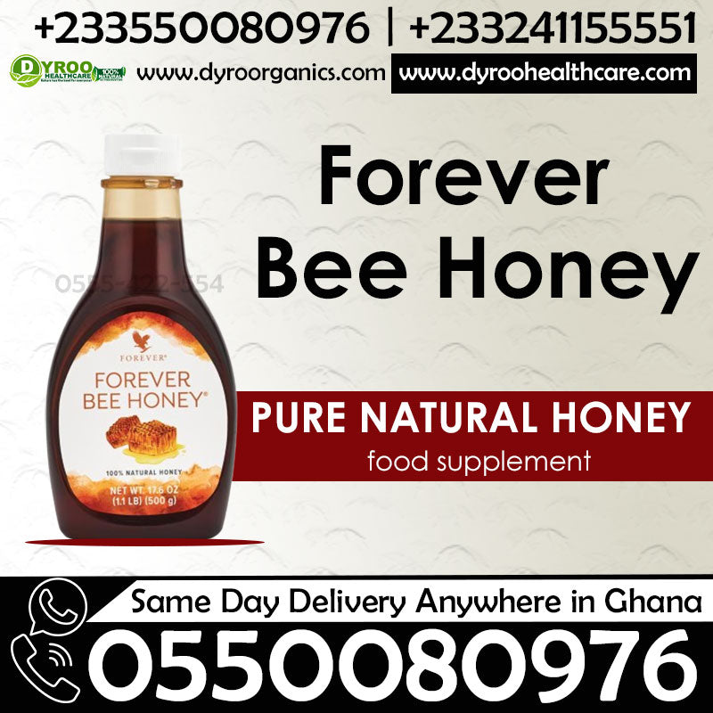 Sweet honey syrup in a jar, showcasing golden Forever Living Bee Honey 500g from Dyroo Naturals, smooth and viscous in appearance.