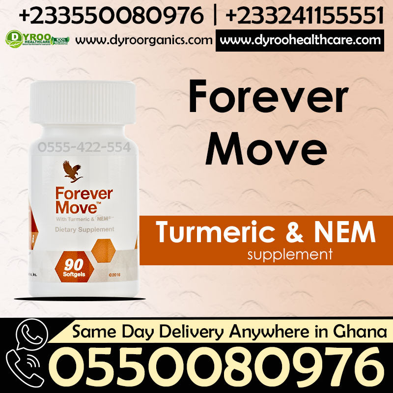 Dyroo Naturals Forever Living Move joints and mobility supplement bottle with tablets and label showing product details.