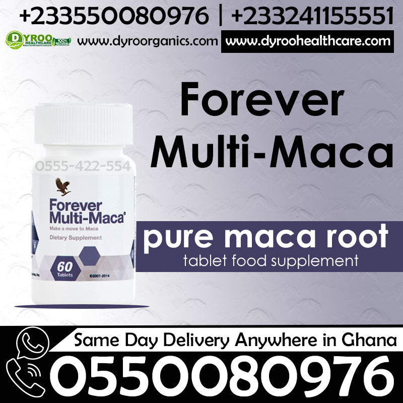 Dyroo Naturals Forever Living Multi Maca tablets shown in a bottle with tablets spilling out, highlighting natural supplement packaging.