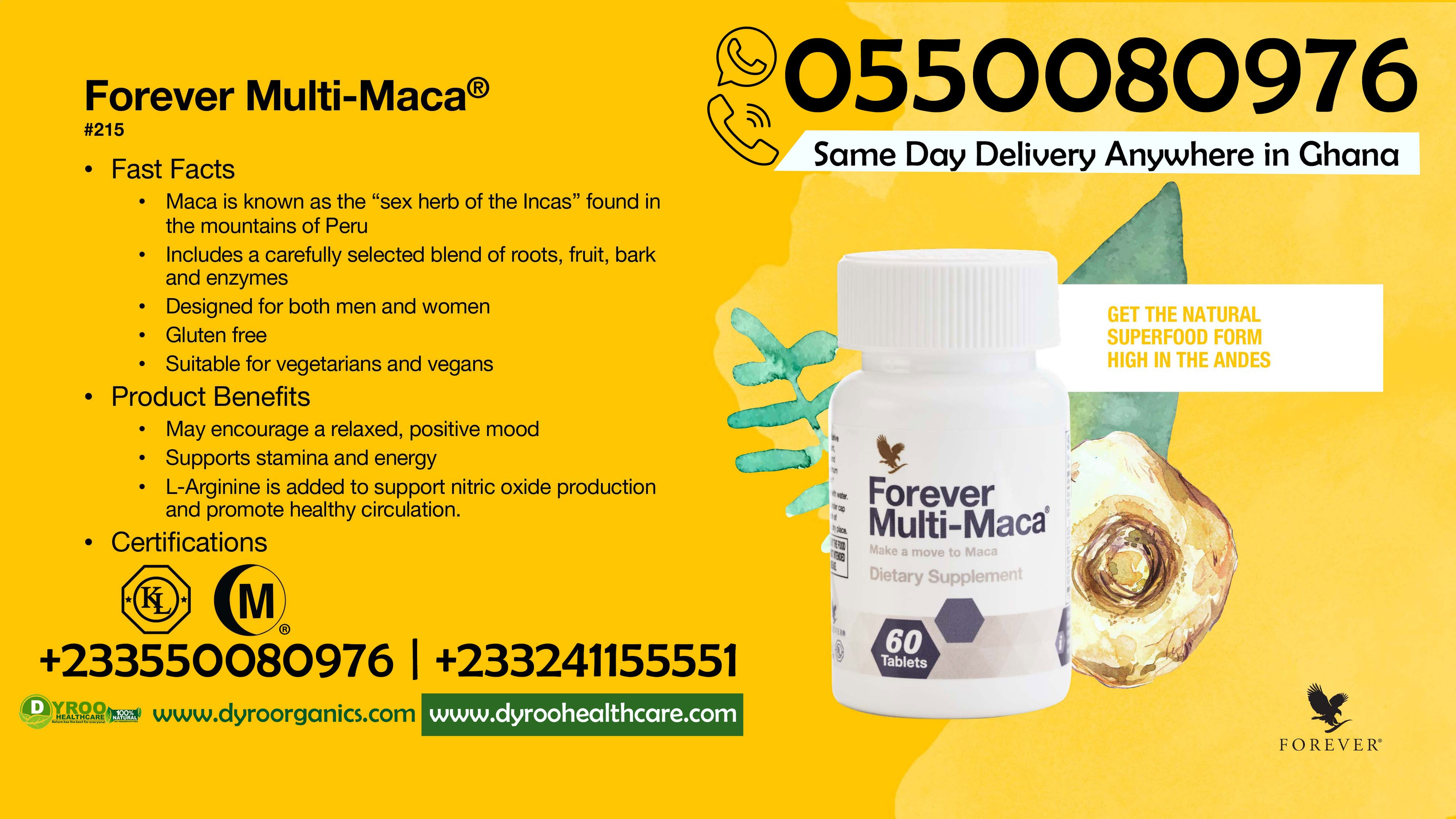 Dyroo Naturals Forever Multi Maca tablets, showing a bottle of 60 dietary supplement tablets with label and cap.