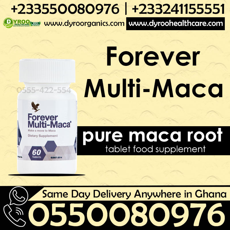 Dyroo Naturals Forever Living Multi Maca tablets, showing a bottle of dietary supplement tablets on a white background