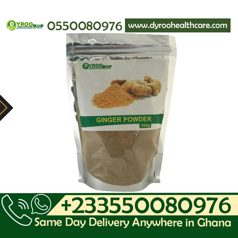 Organic ginger powder from Dyroo Naturals in a 200g package, showing the fine, raw ginger spice in a clear container.
