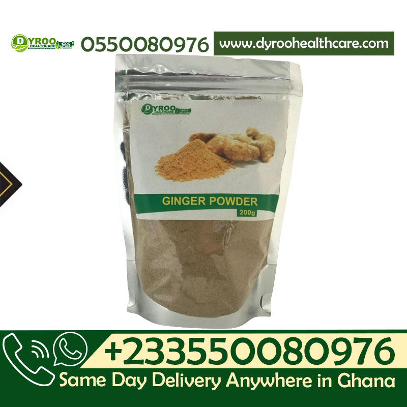 Organic ginger powder from Dyroo Naturals in a 200g package, showing fine, light brown powder in a clear bowl.