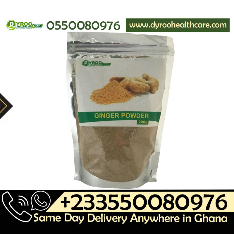 Organic ginger powder from Dyroo Naturals in a 200g package, showing light brown, finely ground ginger powder on a clean surface.