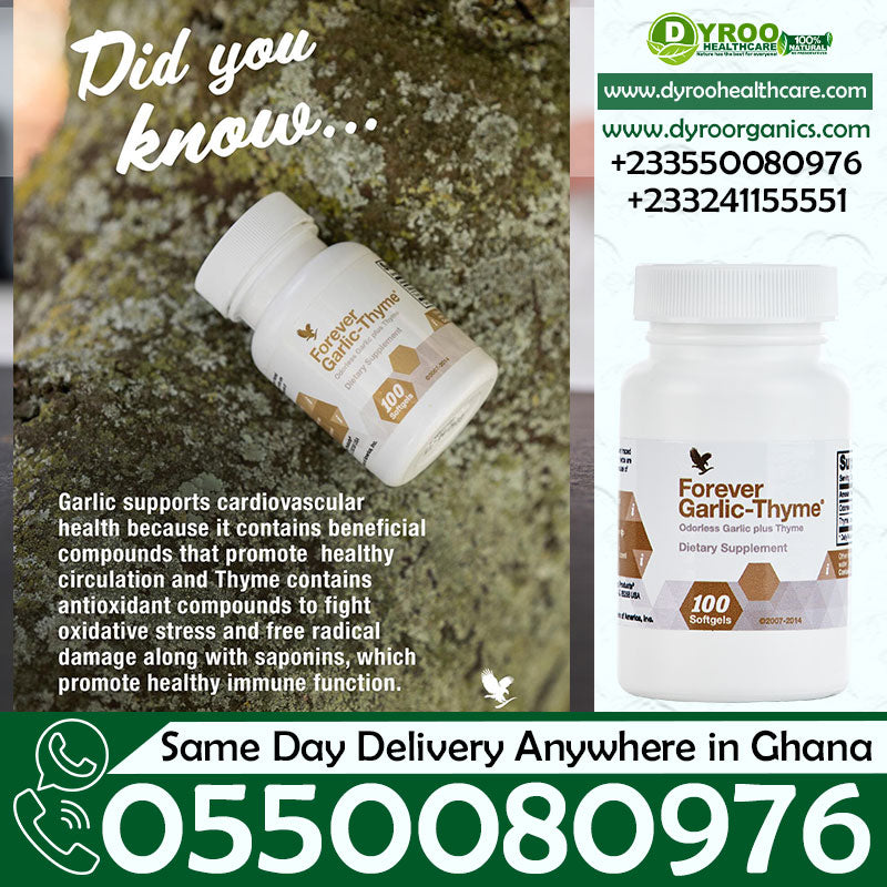 Dyroo Naturals Garlic Thyme softgels in a bottle with labeled cap, showcasing the supplement packaging and product branding.