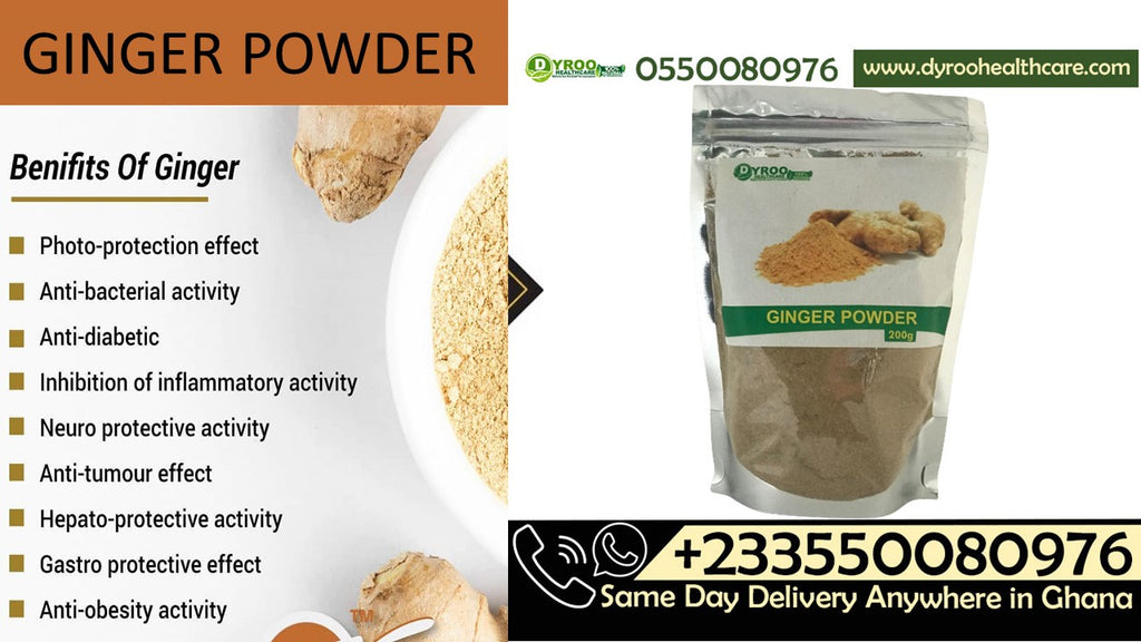 Organic ginger powder in a 200g package by Dyroo Naturals, showing fine, fresh ginger powder in a clear container.