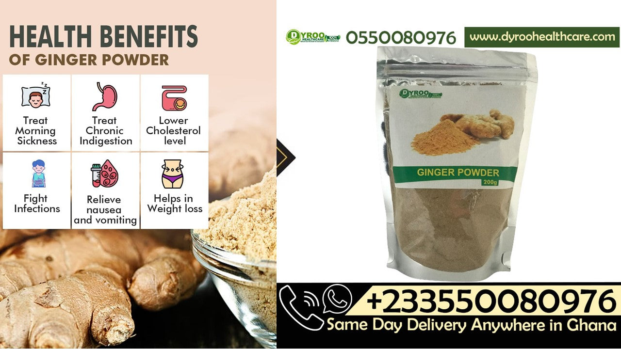 Organic ginger powder from Dyroo Naturals in a 200g package, showcasing fine, raw, natural ginger spice in a clear container.