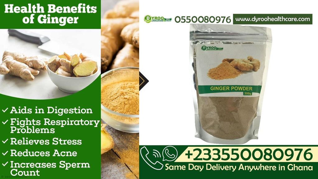 Organic ginger powder from Dyroo Naturals in a 200g package, showing the fine, light tan powder on a clean surface.
