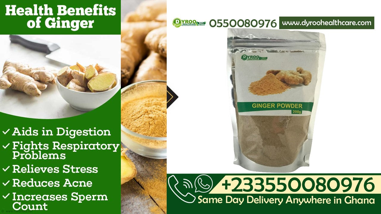 Organic ginger powder from Dyroo Naturals in a 200g package, showing the fine, light tan powder on a clean surface.