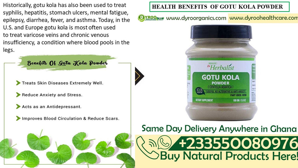 Organic Dyroo Naturals Gotu Kola Powder in a 100g package, featuring fine green powder for herbal supplement use.