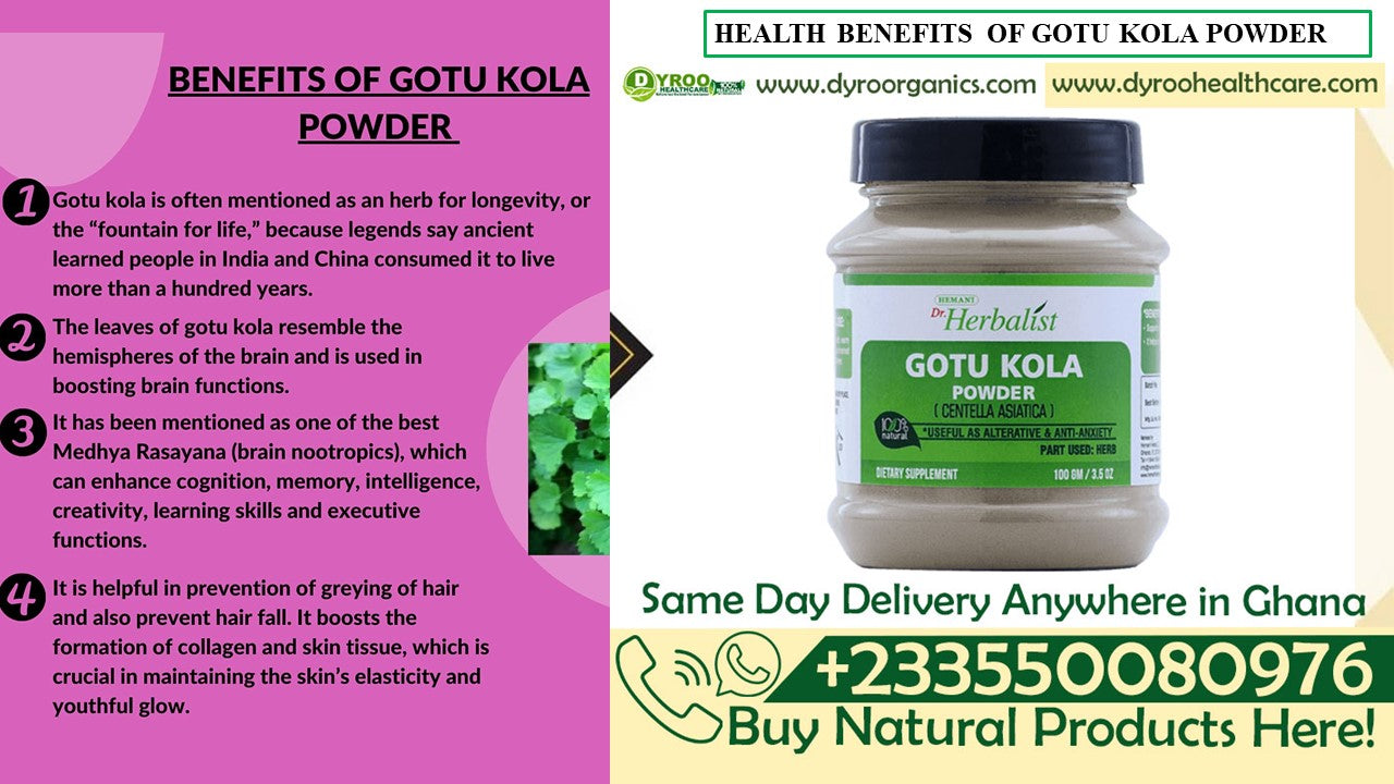 Organic Dyroo Naturals Gotu Kola powder in a 100g package, fine green herbal powder for health and wellness.