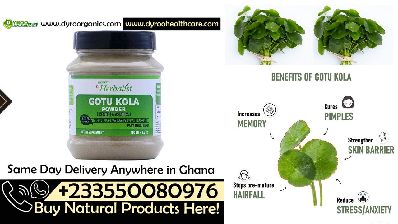 Organic Dyroo Naturals Gotu Kola Powder in a 100g package, showcasing fine green herbal powder for health and wellness.