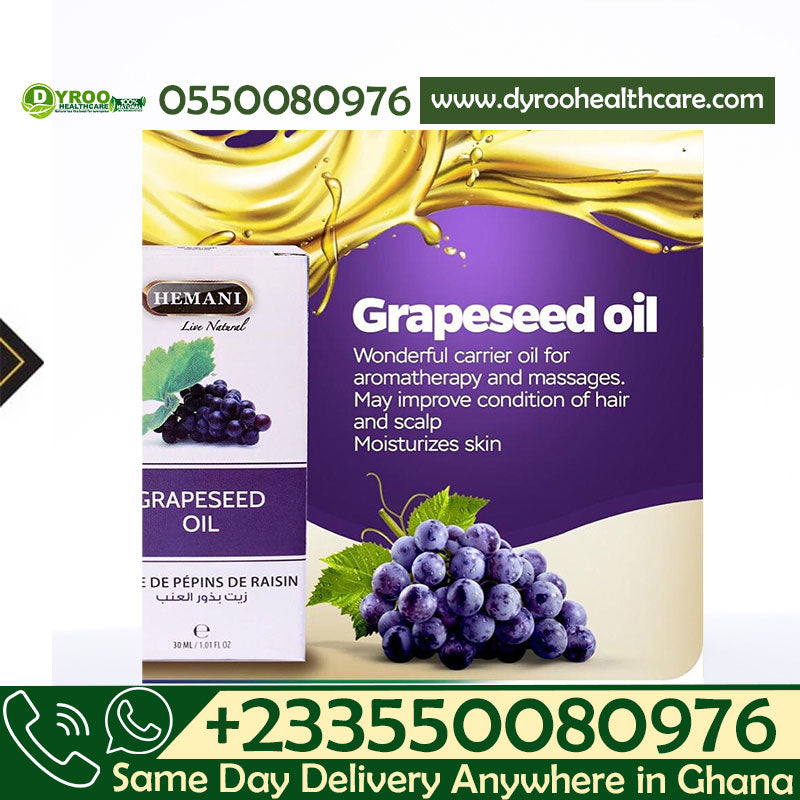 Dyroo Naturals Hemani Grapeseed Oil in a 30ml bottle, natural oil with a clear liquid appearance and minimalist label.