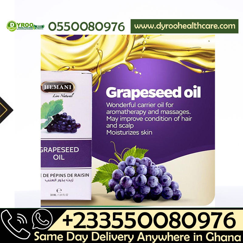 Dyroo Naturals Hemani Grapeseed Oil 30ml bottle, natural oil with a clear liquid appearance and label showing branding and product details.