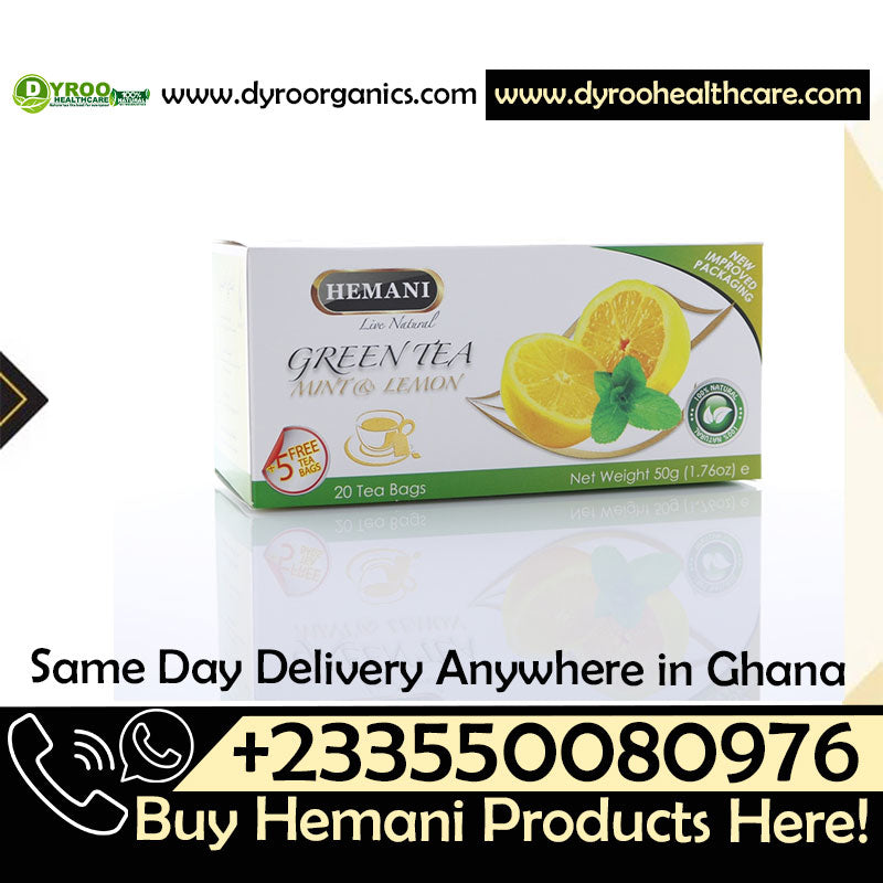 Dyroo Naturals Hemani Green Tea Mint & Lemon natural tea box with 20 teabags, featuring fresh mint and lemon flavors.