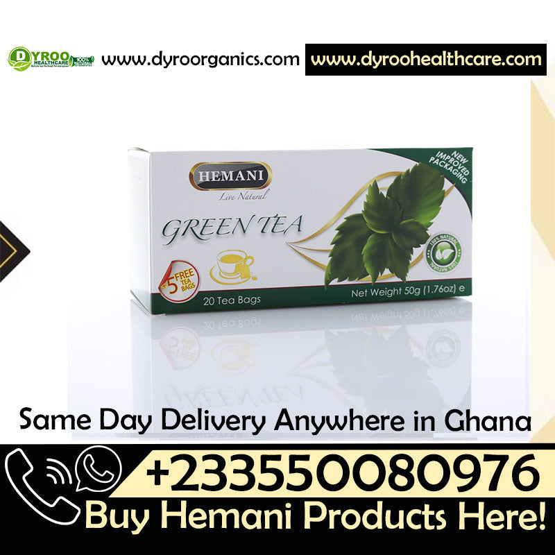 Dyroo Naturals Hemani Pure Green Tea teabags in a box, showcasing green tea leaves for a natural tea experience.