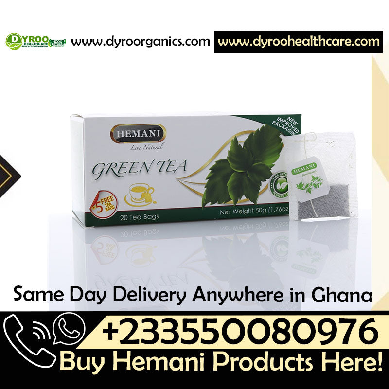 Dyroo Naturals Hemani Pure Green Tea in a box of 20 teabags, featuring fresh green tea leaves for a natural, healthy brew.
