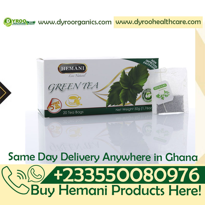Dyroo Naturals Hemani Pure Green Tea teabags in a box, showcasing fresh green tea leaves and packaging for natural wellness.