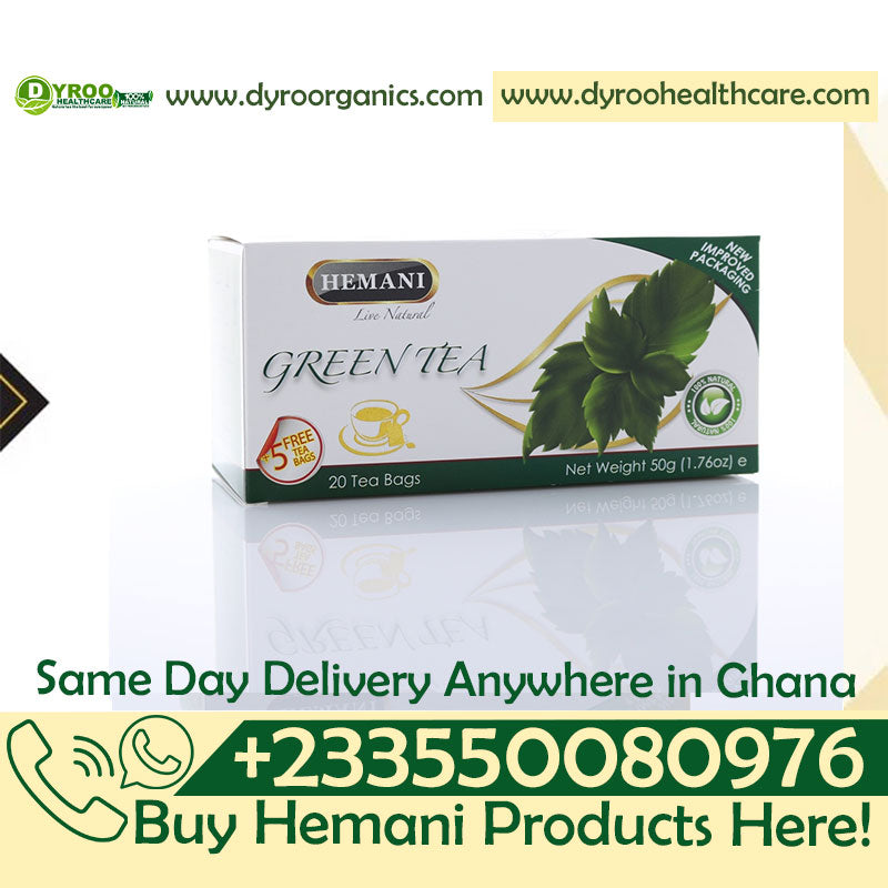 Dyroo Naturals Hemani Pure Green Tea in 20 teabags, featuring fresh green tea leaves in a natural tea product.
